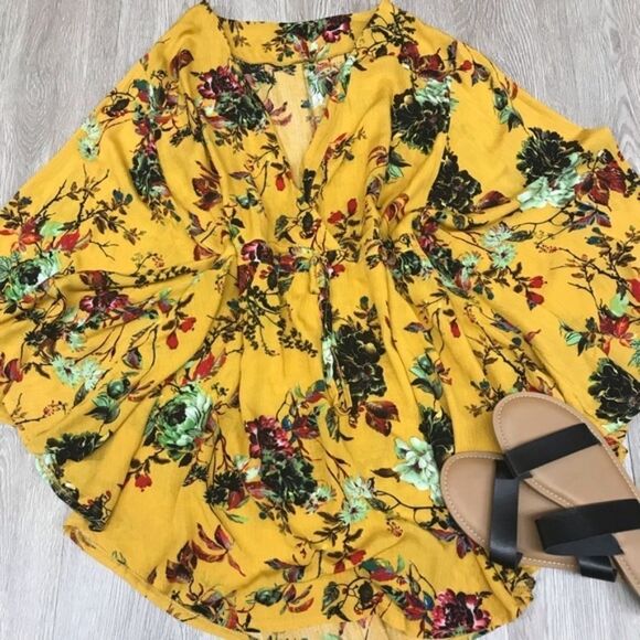 Yellow Floral ¾ Kimono Deep V Tunic BB120 - Picture 2 of 5